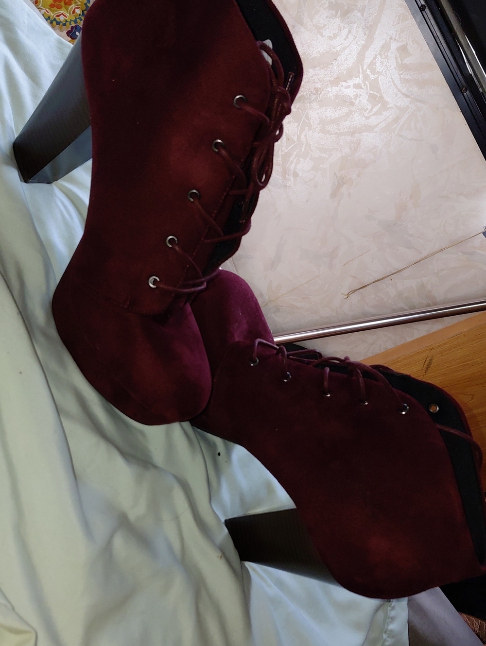 Soda Burgundy Lace-Up Suede Platform Booties